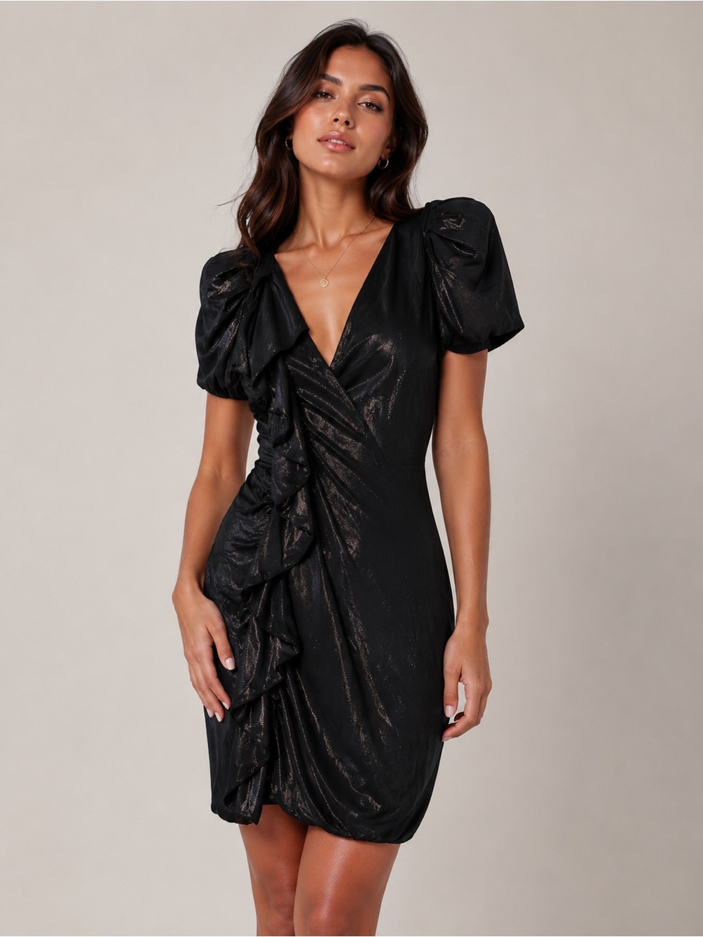 Emporio Armani Black Metallic Ruffle Puff-Sleeve Mini Dress